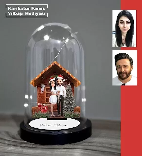 Kişiye Özel Evli, Sevgili, Çift , Gelin Damat , Yılbaşı, Crhtistmas Işıklı Karikatür Fanus Biblo M12