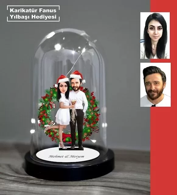 Kişiye Özel Evli, Sevgili, Çift , Gelin Damat , Yılbaşı, Crhtistmas Işıklı Karikatür Fanus Biblo M13