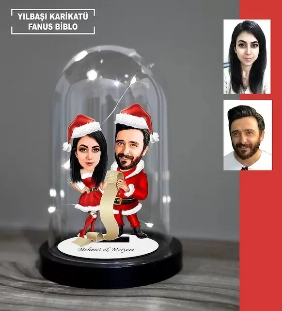 Kişiye Özel Evli, Sevgili, Çift , Gelin Damat , Yılbaşı, Crhtistmas Işıklı Karikatür Fanus Biblo M14