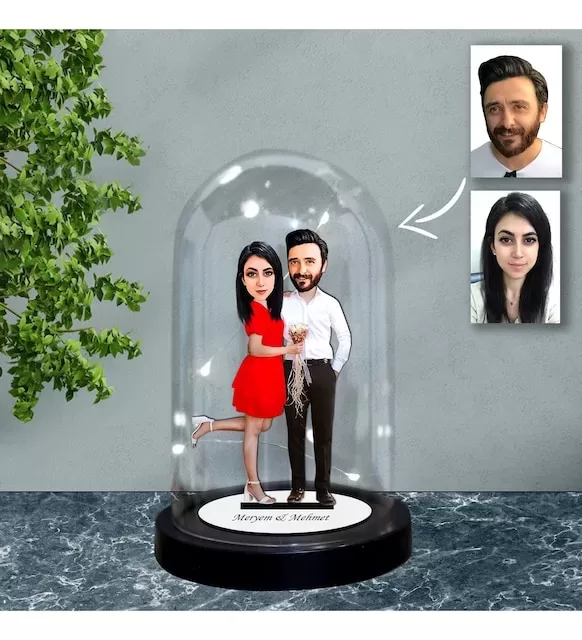 Kişiye Özel Evli, Sevgili, Çift Tasarımlı Işıklı Karikatür Fanus Biblo Fn65