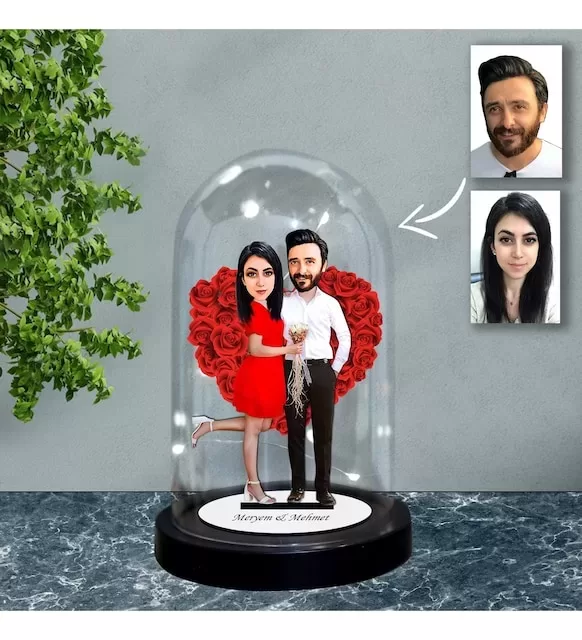 Kişiye Özel Evli, Sevgili, Çift Tasarımlı Işıklı Karikatür Fanus Biblo Fn66