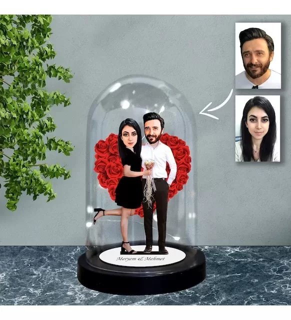 Kişiye Özel Evli, Sevgili, Çift Tasarımlı Işıklı Karikatür Fanus Biblo Fn67