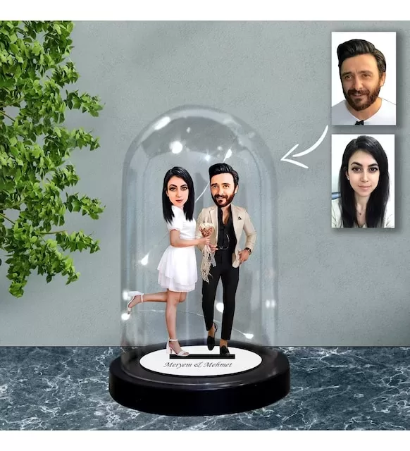Kişiye Özel Evli, Sevgili, Çift Tasarımlı Işıklı Karikatür Fanus Biblo Fn68