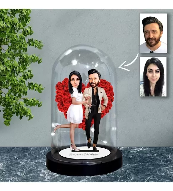 Kişiye Özel Evli, Sevgili, Çift Tasarımlı Işıklı Karikatür Fanus Biblofn69