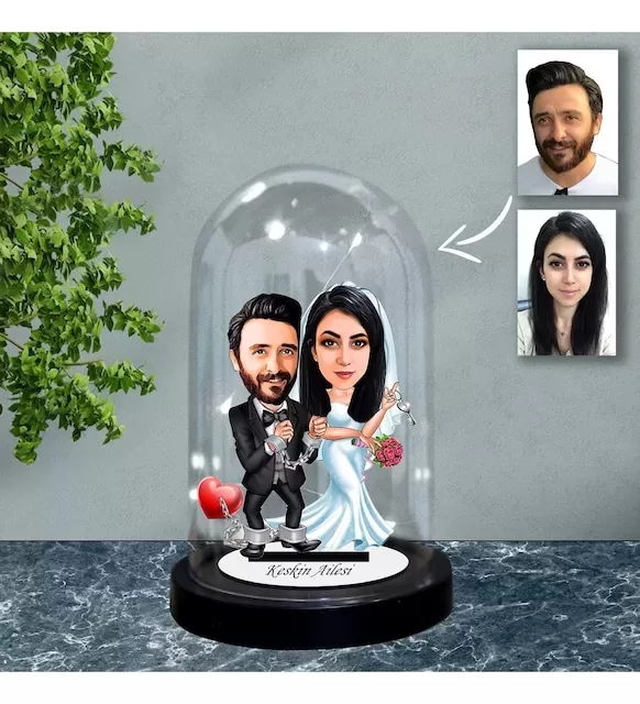 Kişiye Özel Gelin Damat Tasarımlı Işıklı Karikatür Fanus Biblo Fn83