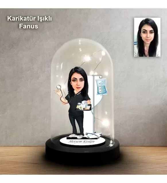 Kişiye Özel Hemşire Tasarımlı Işıklı Karikatür Fanus Biblo Fn181