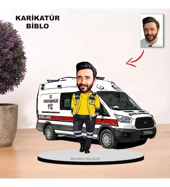 Kişiye Özel Karikatür Ambulans, Att Tasarımlı Erkek Biblo Xkb5