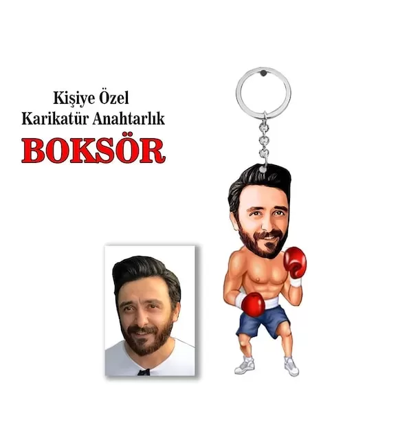 Kişiye Özel Erkek Karikatür Boksör Anahtarlık