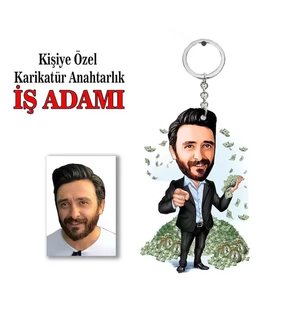 Kişiye Özel Erkek Karikatür İş Adamı, Patron, Girişimci Anahtarlık