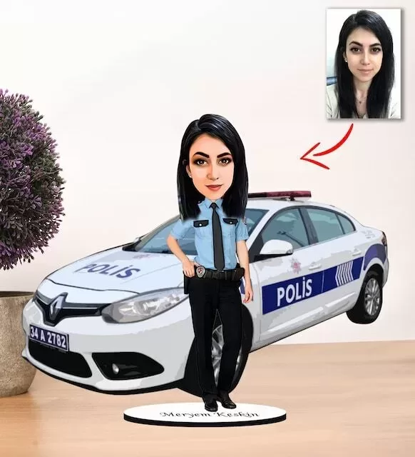 Kişiye Özel Karikatür Kadın Polis Biblo Model 1