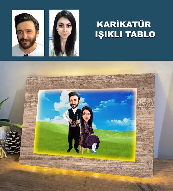 Kişiye Özel Karikatür Karadeniz Çift, Sevgili, Evli Işıklı Tablo 1