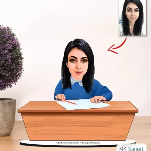 Kişiye Özel Karikatür Mavi Önlüklü Kız Biblo Model