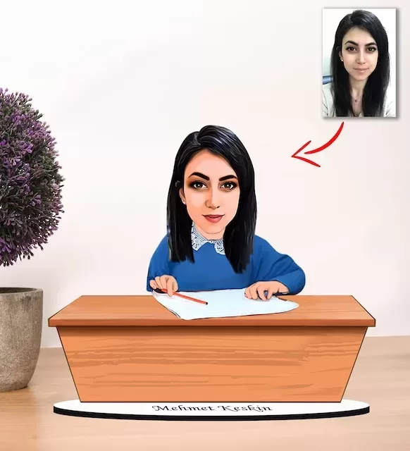Kişiye Özel Karikatür Mavi Önlüklü Kız Biblo Model