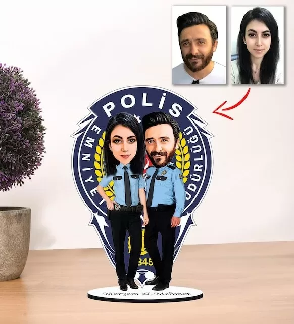 Kişiye Özel Karikatür Polis Çift Biblo