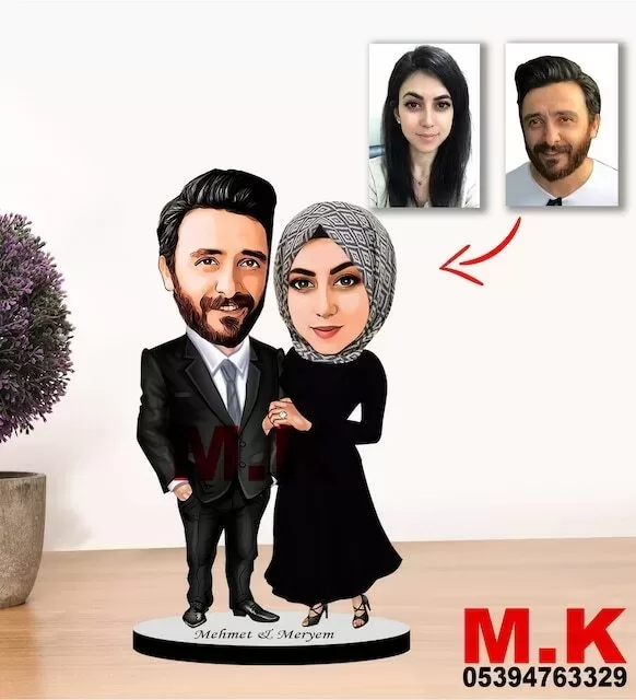 Kişiye Özel Karikatür Tesettürlü Çift, Sevgili Biblo