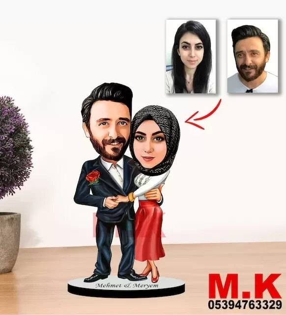 Kişiye Özel Karikatür Tesettürlü Çift, Sevgili Biblo