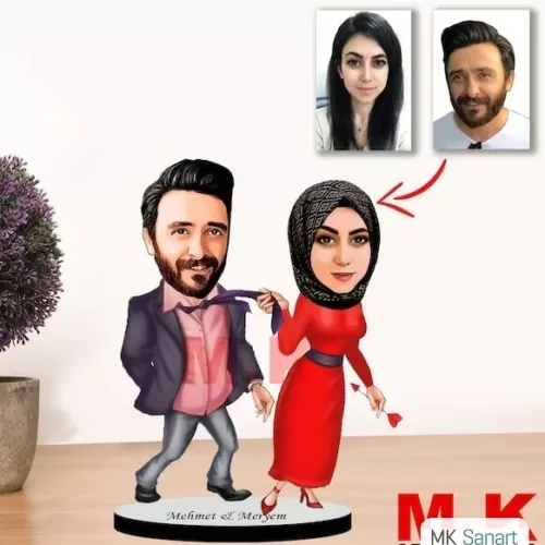Kişiye Özel Karikatür Tesettürlü Çift, Sevgili Biblo
