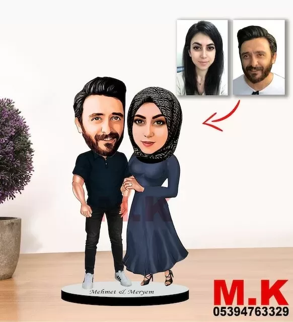 Kişiye Özel Karikatür Tesettürlü Çift, Sevgili Biblo