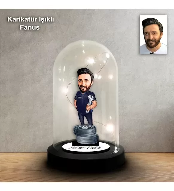 Kişiye Özel Lastik Tamircisi Tasarım Işıklı Karikatür Fanus Biblo Fn148