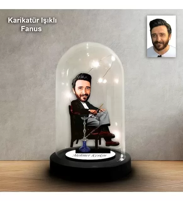 Kişiye Özel Nargile İçen Adam Tasarım Işıklı Karikatür Fanus Biblo Fn163