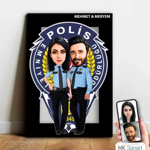 Kişiye Özel Polis Çift Karikatür Ahşap Tablo - Mx13