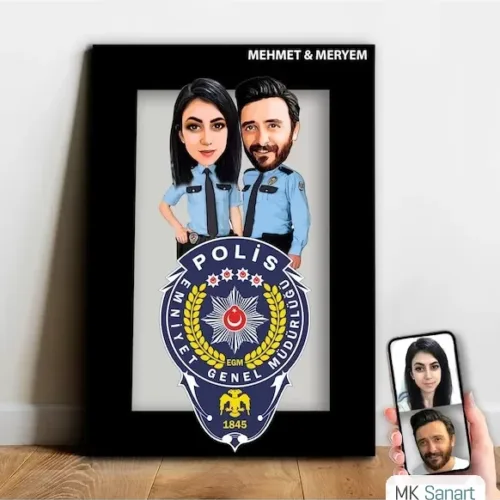 Kişiye Özel Polis Çift Karikatür Ahşap Tablo - Mx14