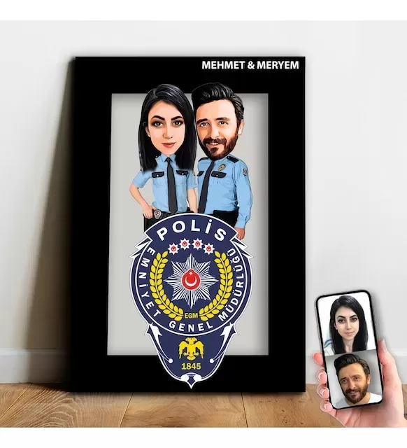 Kişiye Özel Polis Çift Karikatür Ahşap Tablo - Mx14