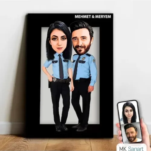 Kişiye Özel Polis Çift Karikatür Ahşap Tablo- Mx16