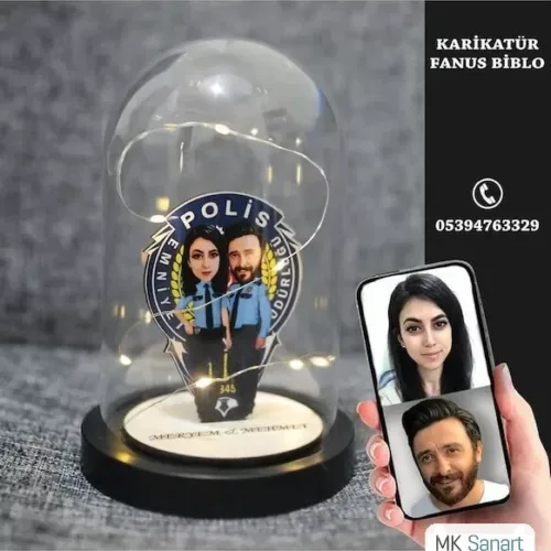 Kişiye Özel Polis Işıklı Karikatür Fanus Biblo 1