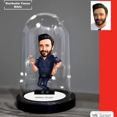 Kişiye Özel Polis Tasarımlı Işıklı Karikatür Fanus Biblo Fn103
