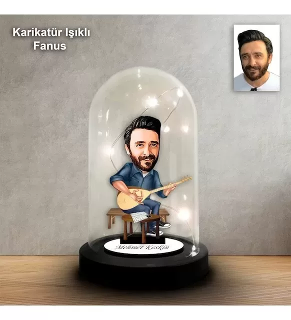 Kişiye Özel Sazcı Tasarım Işıklı Karikatür Fanus Biblo Fn149