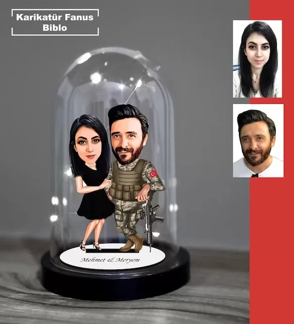 Kişiye Özel Sevgili, Çift, Asker Tasarımlı Işıklı Karikatür Fanus Biblo Fn13