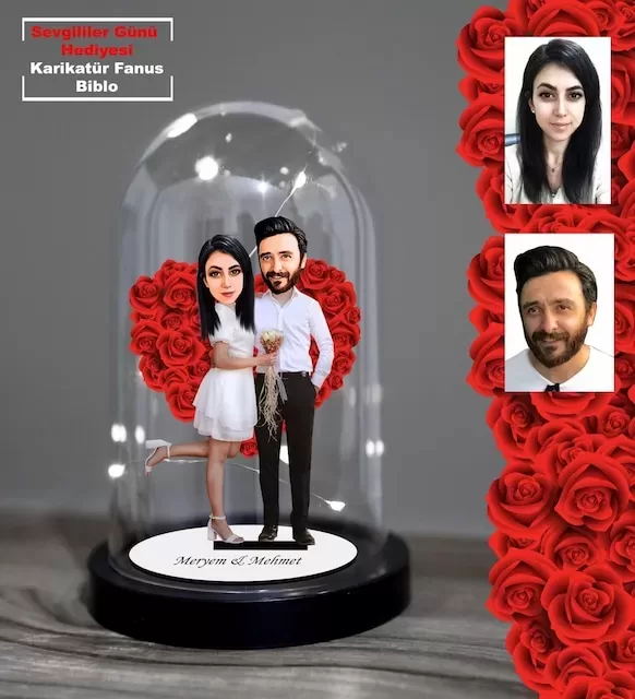 Kişiye Özel Sevgililer Günü Hediyesi Gelin Damat Işıklı Karikatür Fanus Biblo Fn38