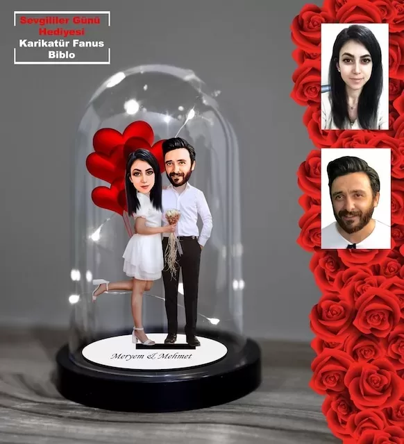 Kişiye Özel Sevgililer Günü Hediyesi Gelin Damat Işıklı Karikatür Fanus Biblo Fn39