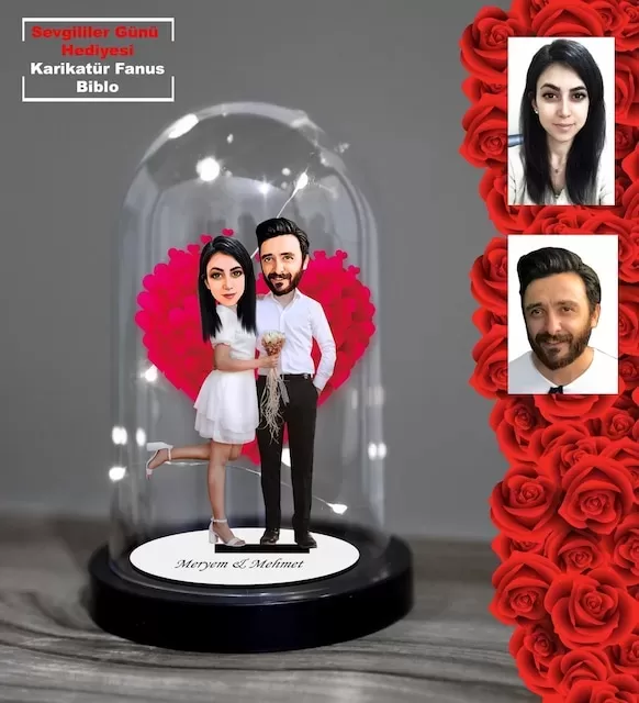 Kişiye Özel Sevgililer Günü Hediyesi Işıklı Karikatür Fanus Biblo Fn41