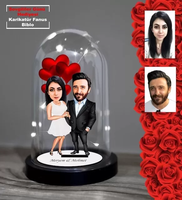 Kişiye Özel Sevgililer Günü Hediyesi Işıklı Karikatür Fanus Biblo Fn42