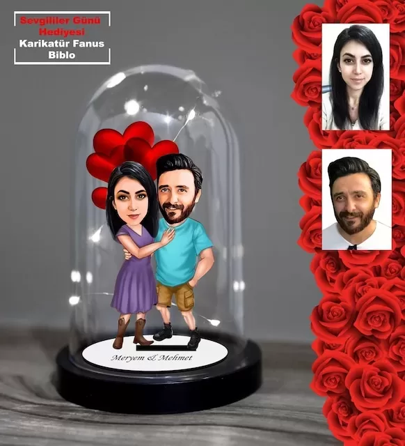 Kişiye Özel Sevgililer Günü Hediyesi Işıklı Karikatür Fanus Biblo Fn43