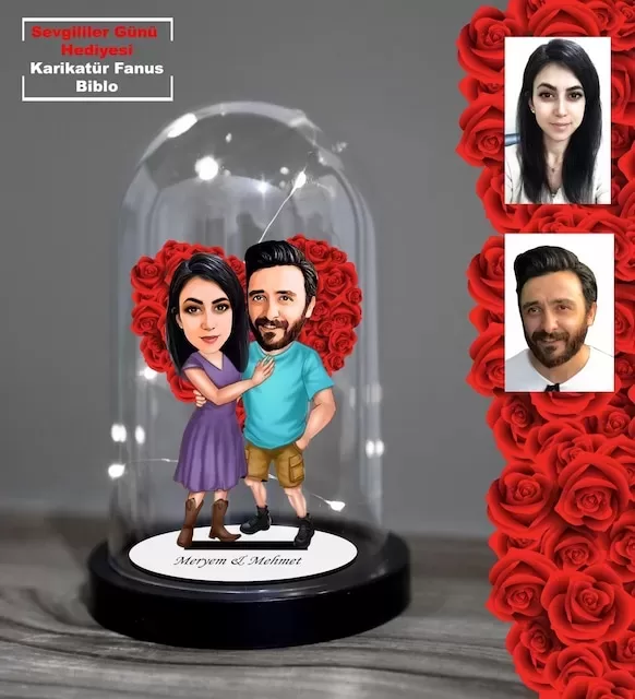 Kişiye Özel Sevgililer Günü Hediyesi Işıklı Karikatür Fanus Biblo Fn44