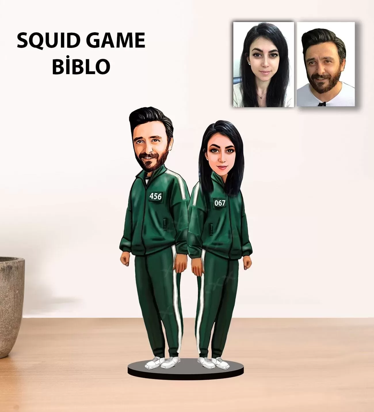 Kişiye Özel Squid Game Tasarımlı Karikatür Çift , Sevgili Biblo