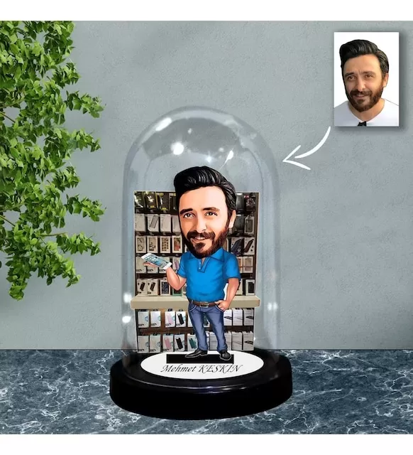 Kişiye Özel Telefoncu Tasarımlı Işıklı Karikatür Fanus Biblo Fn90