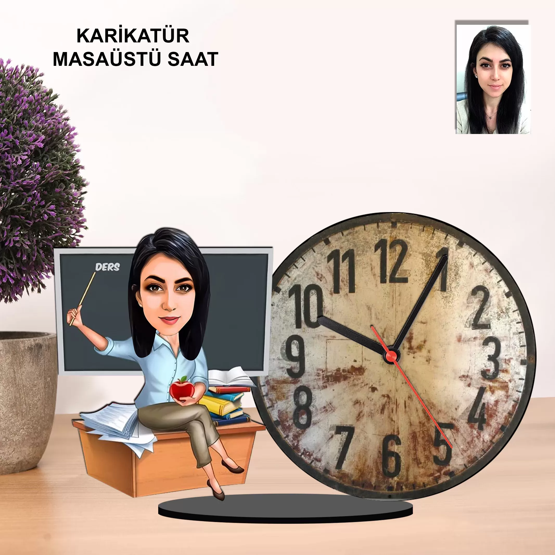 Kişiye Özel Karikatür Kadın Öğretmen Tasarımlı Saatli Biblo
