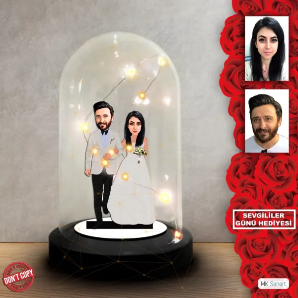 Kişiye özel Sevgili Hediye,sevgililer günü Karikatür Hediyesi, Karikatür hediye, Dekoratif Karikatür ışıklı Fanus , Sevgililer günü Hediyesi