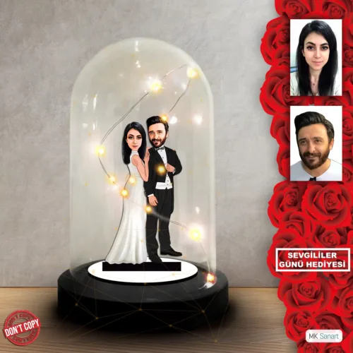 Kişiye Özel Klasik Gelin Damat Karikatürü – Işıklı Fanus Bib…