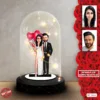 Kişiye Özel Abiyeli Çift Karikatürü – Kalp Balonlu Işıklı Fanus Biblo, Sevgililer Günü Hediyesi