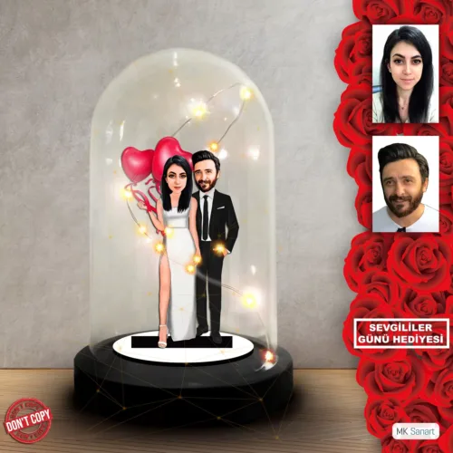 Kişiye Özel Abiyeli Çift Karikatürü – Kalp Balonlu Işıklı Fa…