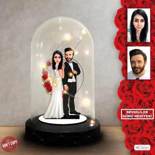 Kişiye Özel Gül Çelenkli Gelin Damat Karikatürü – Işıklı Fan…