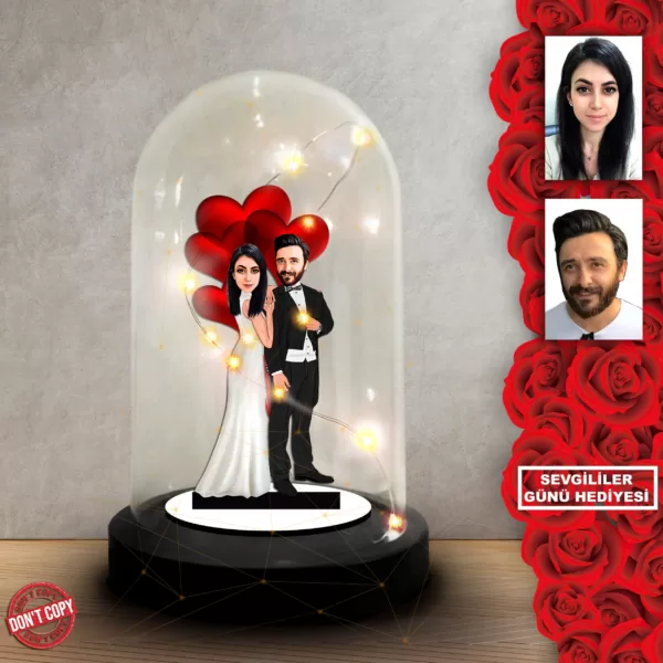 Kişiye özel Sevgili Hediye, Gelin Damat Tasarımlı sevgililer günü Karikatür Hediyesi, Karikatür hediye, Dekoratif Karikatür ışıklı Fanus , Sevgililer günü Hediyesi