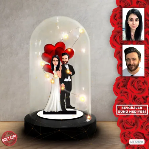 Kişiye Özel Kalp Balonlu Gelin Damat Karikatürü – Işıklı Fan…