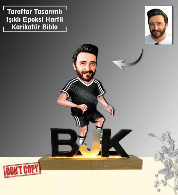 "Kişiye Özel Karikatür BJK 1903 Erkek Tasarımlı Sarı Lacivert Işıklı  Harfli Taraftar Biblo - Özel Tasarım Hediye" Taraftar Hediyesi