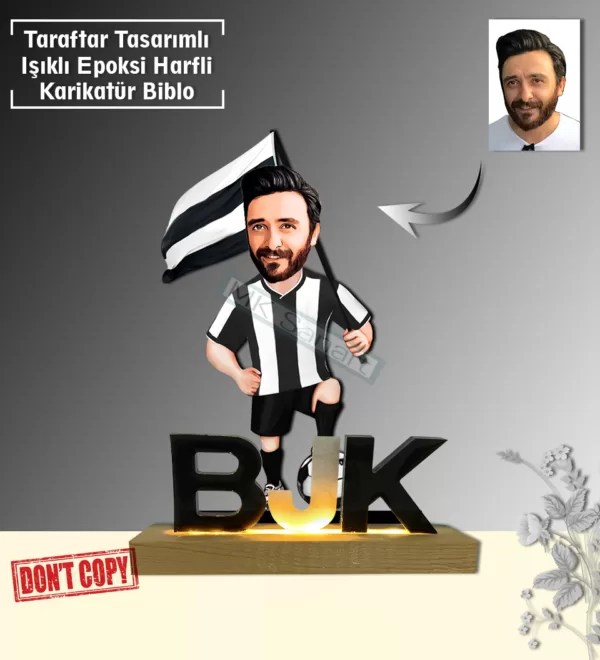 "Kişiye Özel Karikatür BJK 1903 Erkek Tasarımlı Sarı Lacivert Işıklı  Harfli Taraftar Biblo - Özel Tasarım Hediye" Taraftar Hediyesi